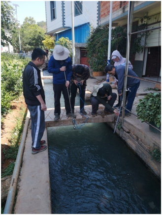 项目组人员在大龙潭地下河出口进行流量测量
